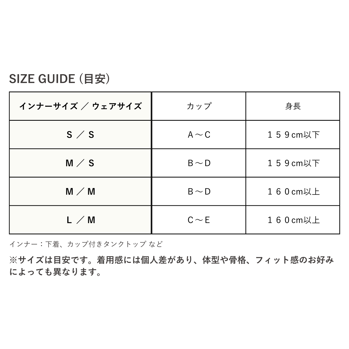 LUCKY BAG lounge WRAY DELUXE SIZE GUIDE（目安）